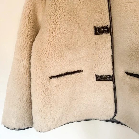 NWT Gap Cream Sherpa & Faux Brown Leather Oversized Jacket Coat Size L Vegan - Picture 7 of 16